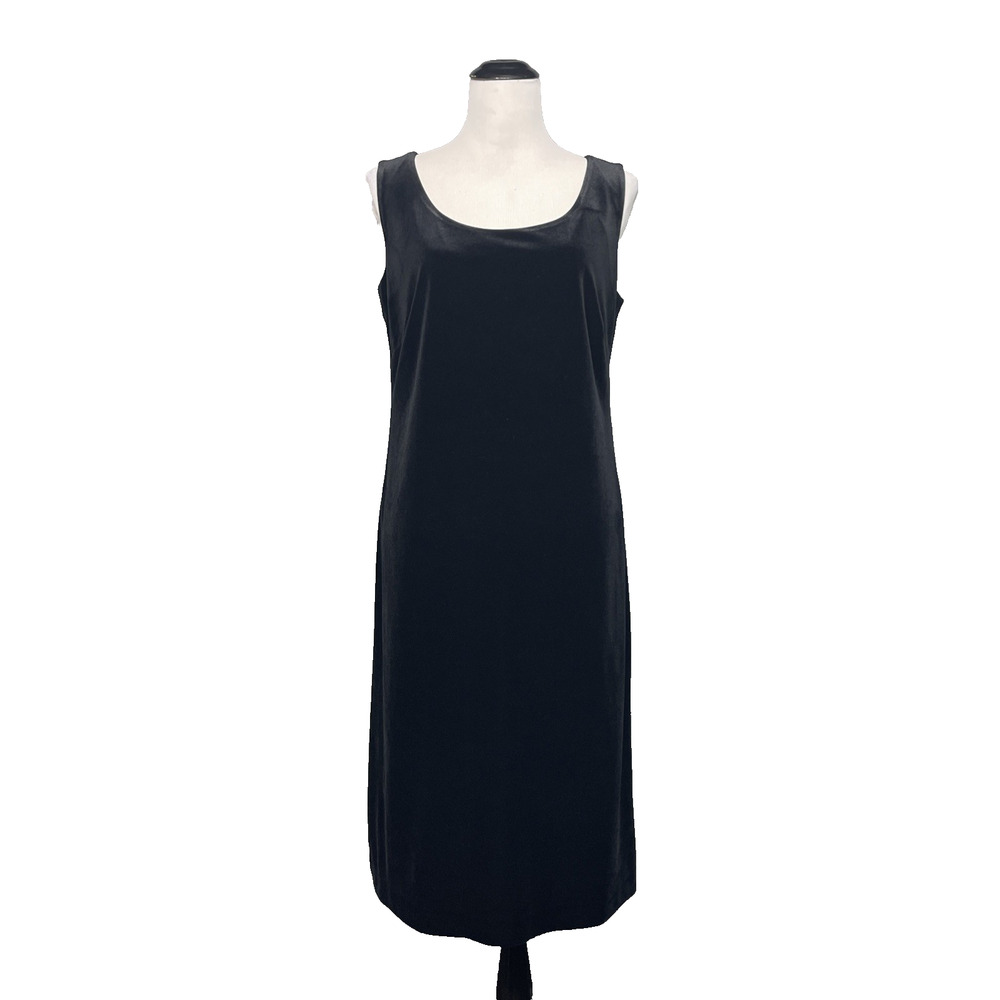 90s Vtg Metaphor Black Velvet Sheath Dress Large Slv-less Midi Minimalist Witchy